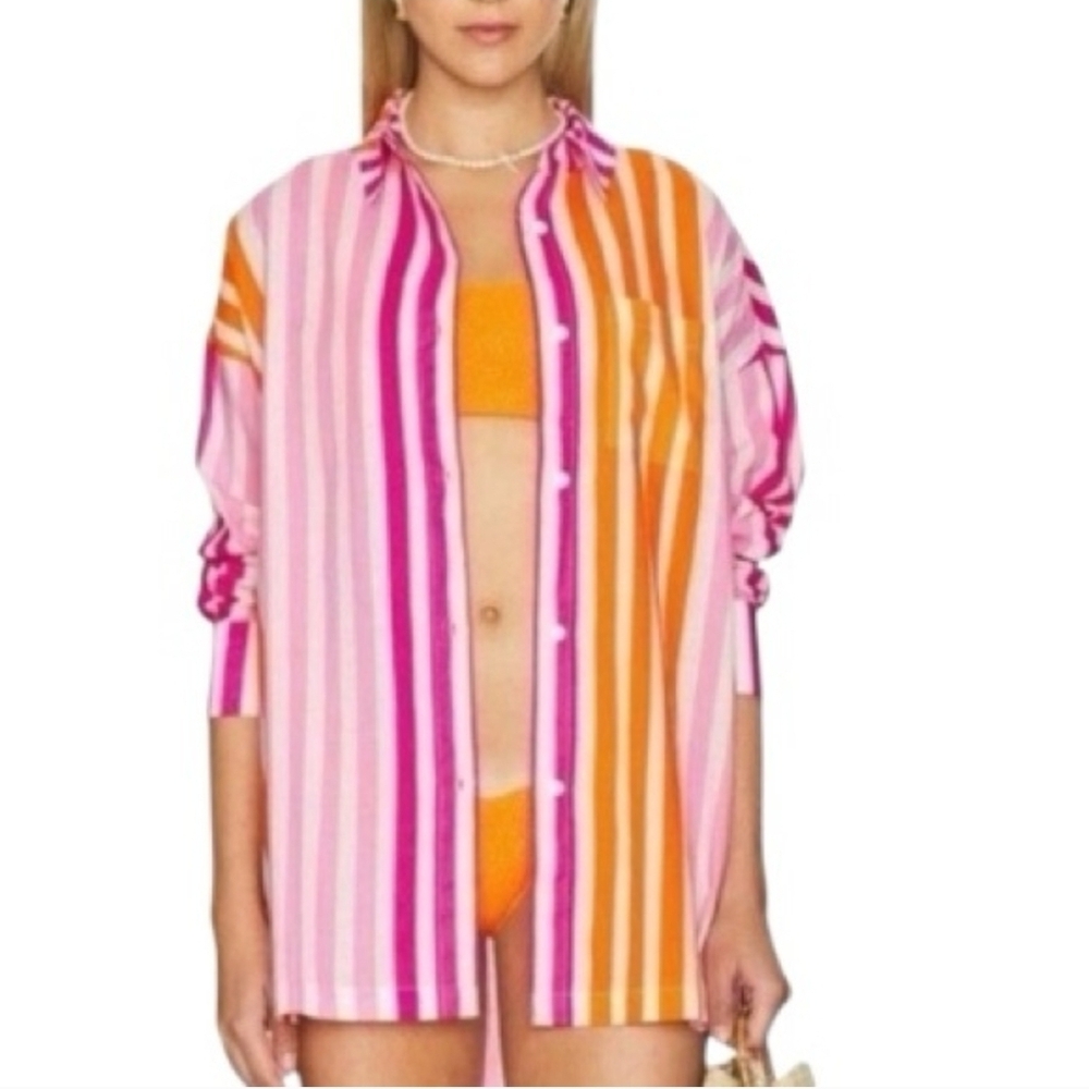 Beach Riot Alexa Top Women's Pink Orange Striped Swim Cover Up Cotton